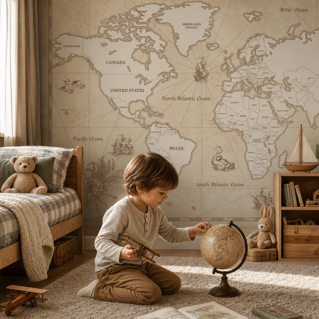 Vintage World Map kids room wallpaper - custom mural printed and installed in Dubai