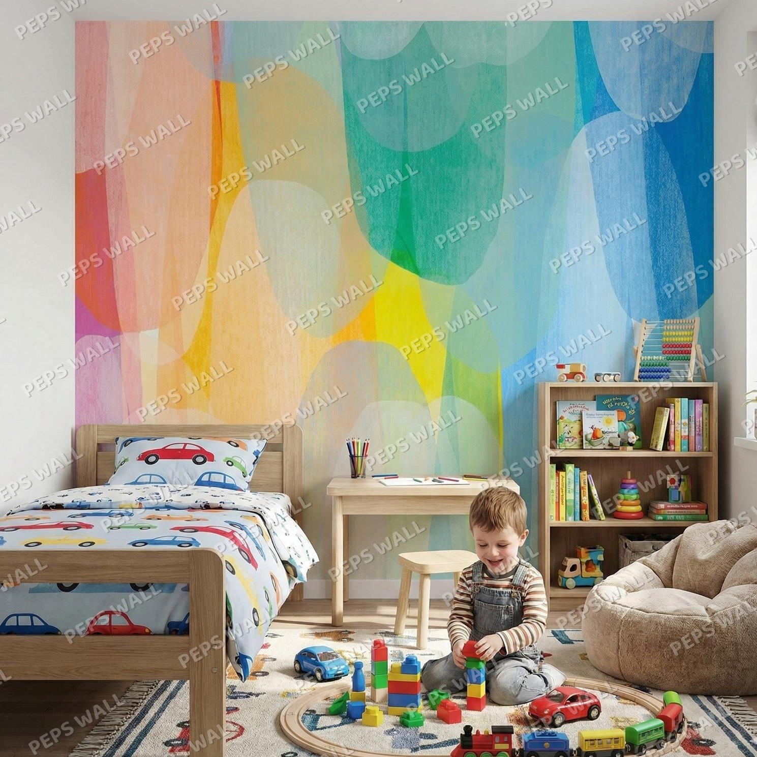 Child playing with toys in a colorful bedroom