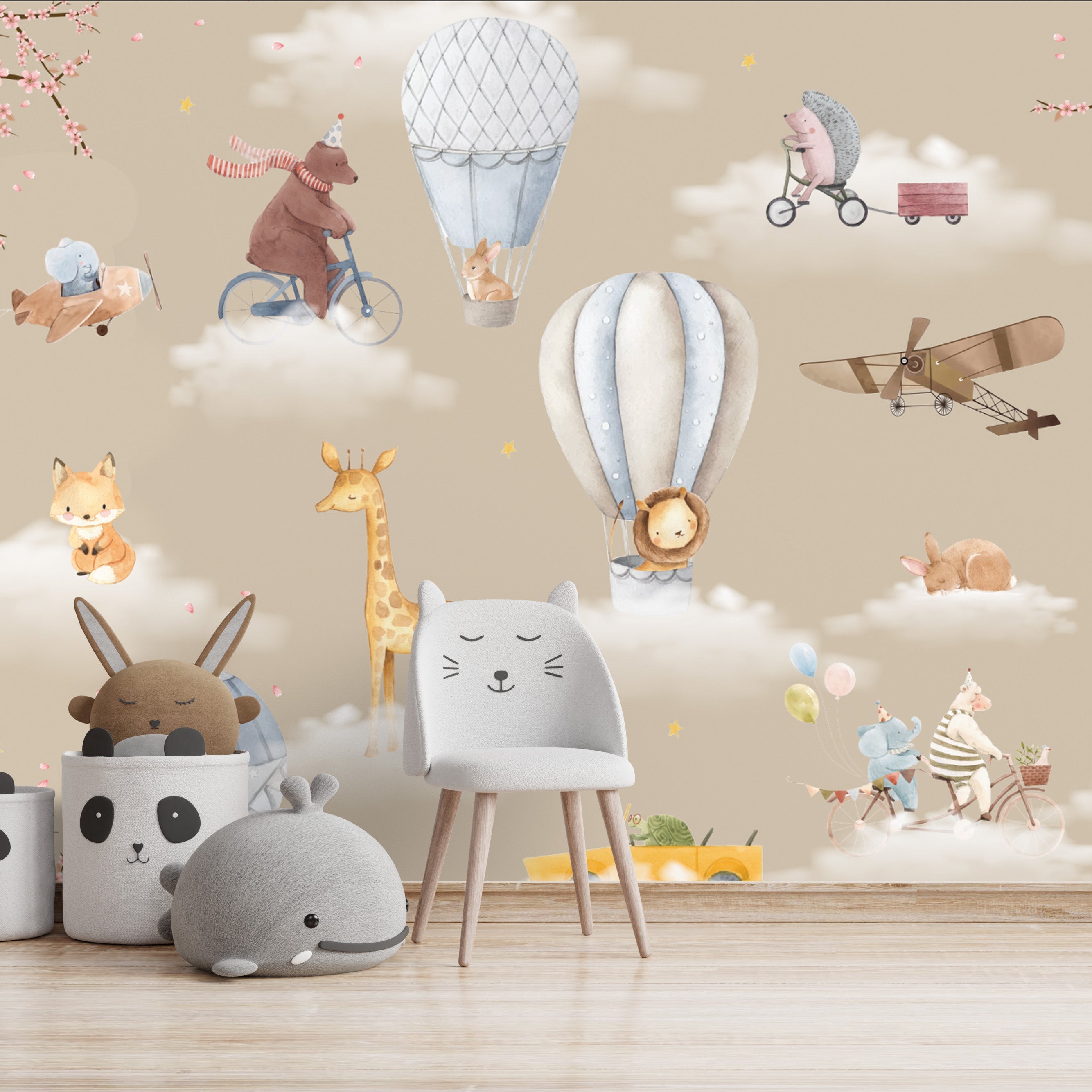 Children's wallpaper room with cartoon animal decorations on a beige wall.