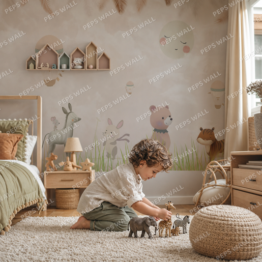 Watercolor Animals kids room wallpaper - custom mural printed and installed in Dubai
