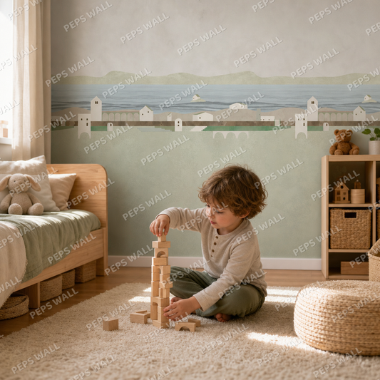 Watercolor landscape kids room wallpaper - custom mural printed and installed in Dubai