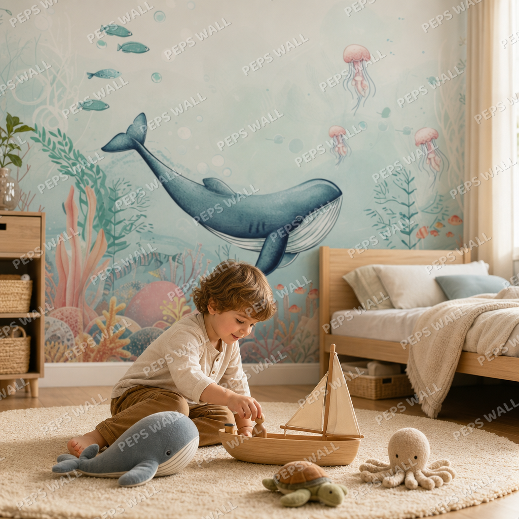 Watercolor Ocean kids room wallpaper - custom mural printed and installed in Dubai