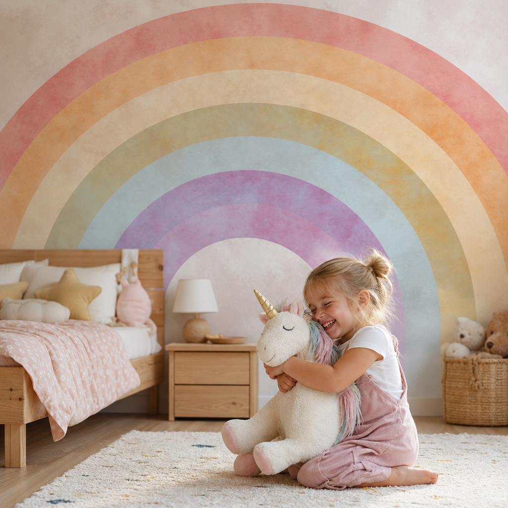 Watercolor Rainbow kids room wallpaper - custom mural printed and installed in Dubai