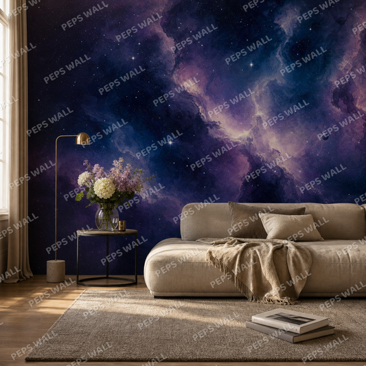 Watercolour Galaxy living room wallpaper - custom mural printed and installed in Dubai