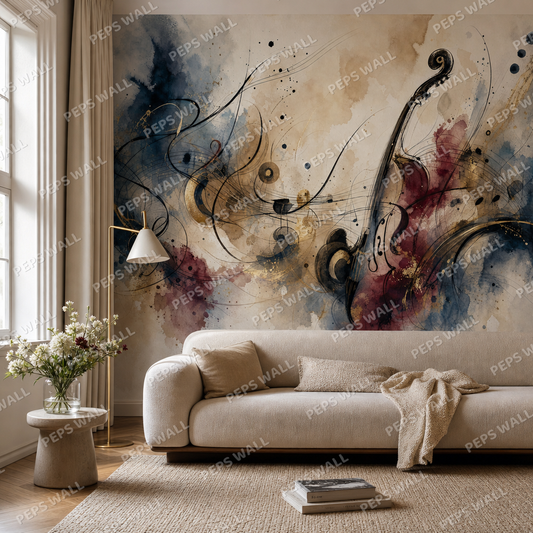 Watercolour Symphony living room wallpaper - custom mural printed and installed in Dubai