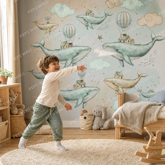 Whales with Hot Air Balloon kids room wallpaper - custom mural printed and installed in Dubai