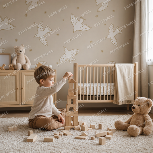 Whimsy Birds - Beige kids room wallpaper - custom mural printed and installed in Dubai