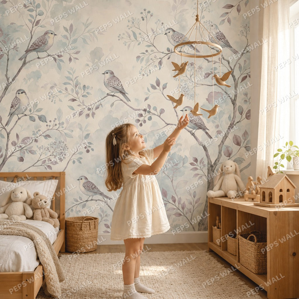 Whimsy Birds - Blush wallpaper mural — kids room mockup