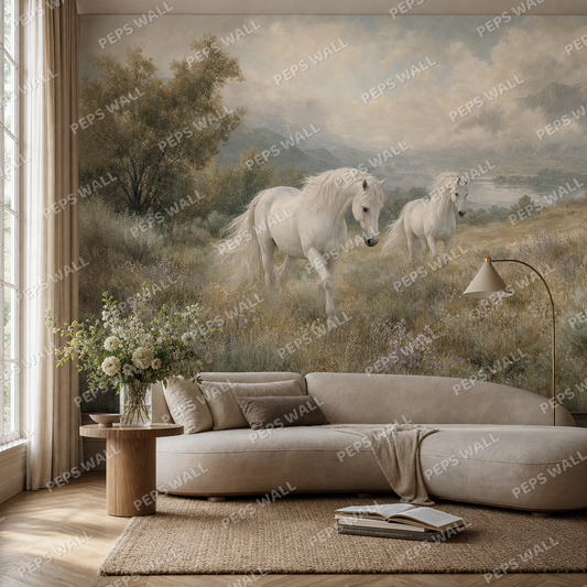 White Horses Mist living room wallpaper - custom mural printed and installed in Dubai