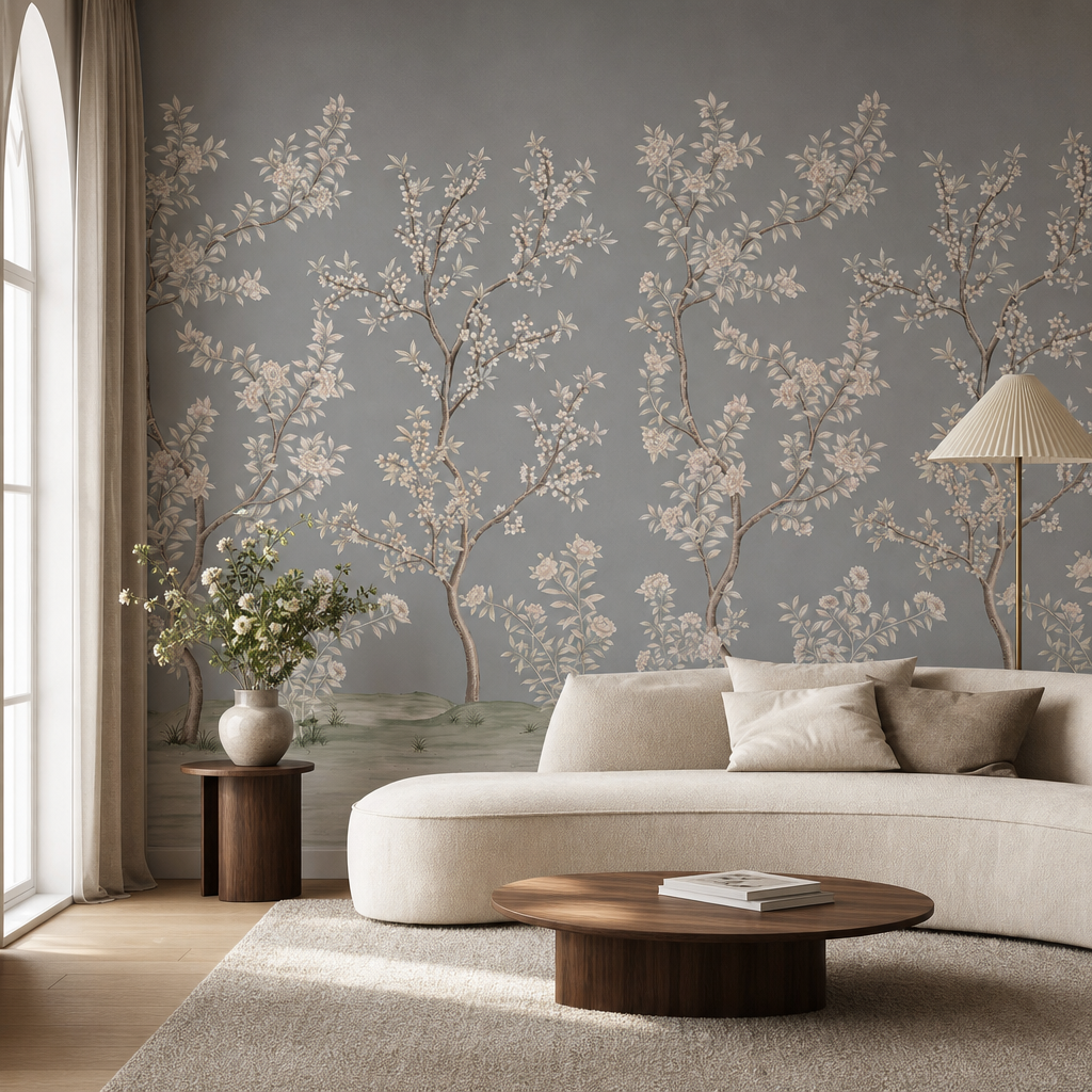 White Tree living room wallpaper - custom mural printed and installed in Dubai