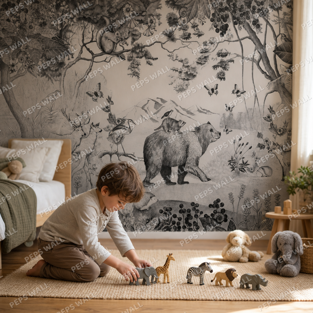 Wild Bear Stroll kids room wallpaper - custom mural printed and installed in Dubai