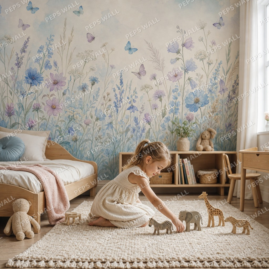 Wildflower Meadow - Blue wallpaper mural — kids room mockup