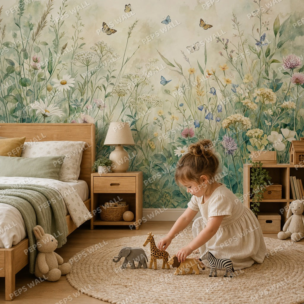 Wildflower Meadow - Sage wallpaper mural — kids room mockup