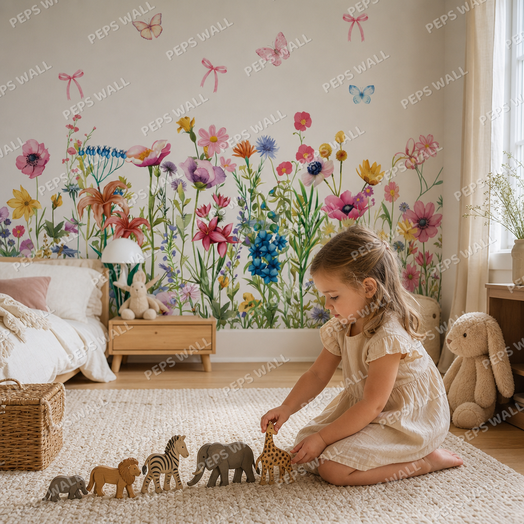 Wildflowers kids room wallpaper - custom mural printed and installed in Dubai
