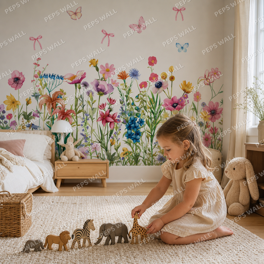 Wildflowers kids room wallpaper - custom mural printed and installed in Dubai