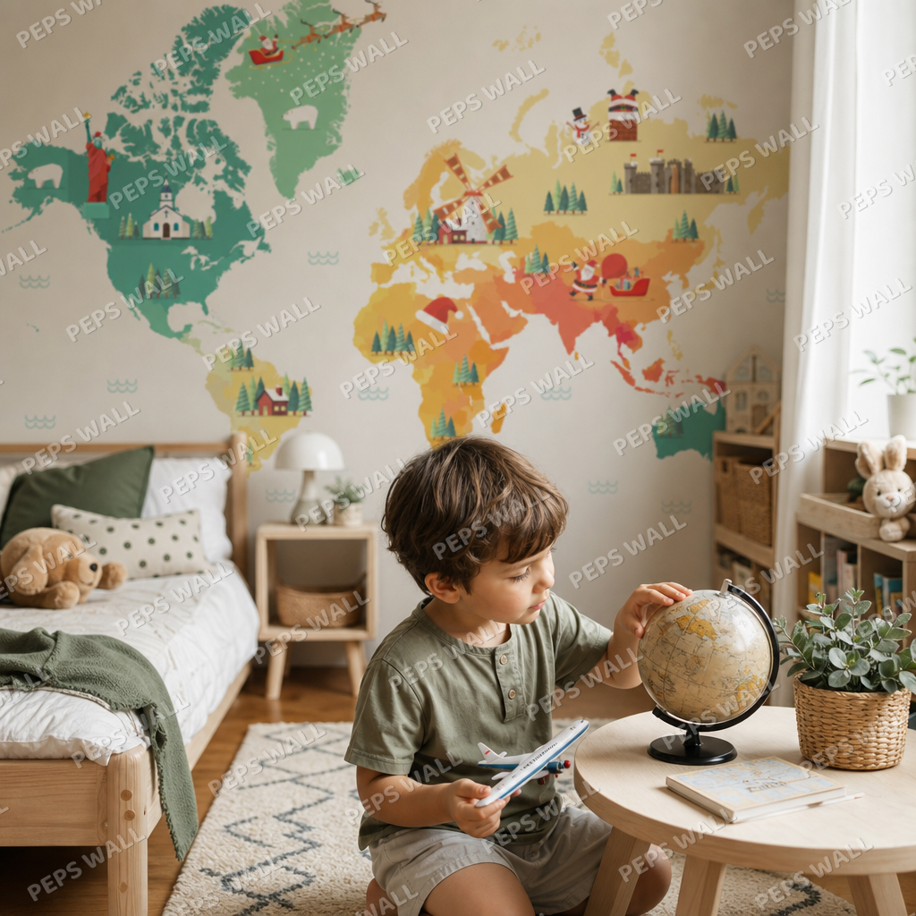 Winter World Map kids room wallpaper - custom mural printed and installed in Dubai