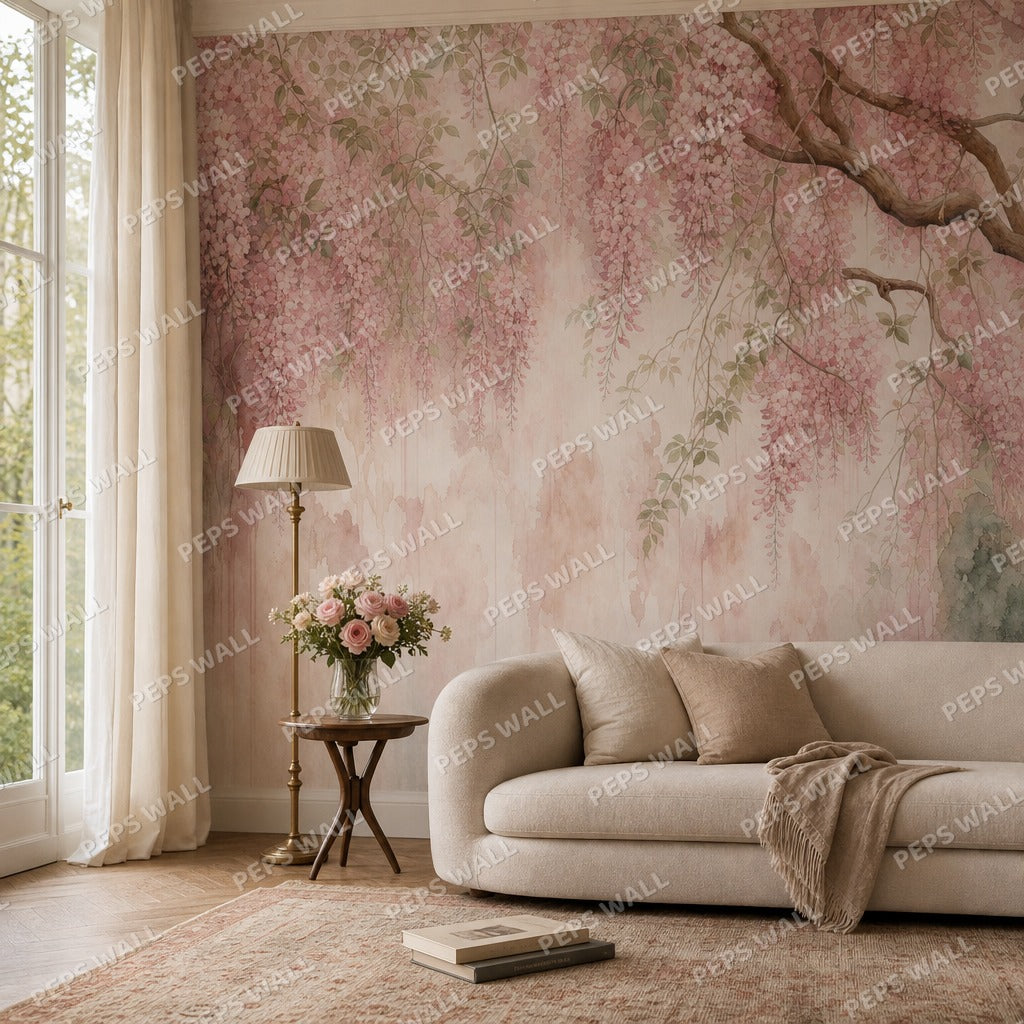 Wisteria Blush wallpaper mural — living room mockup