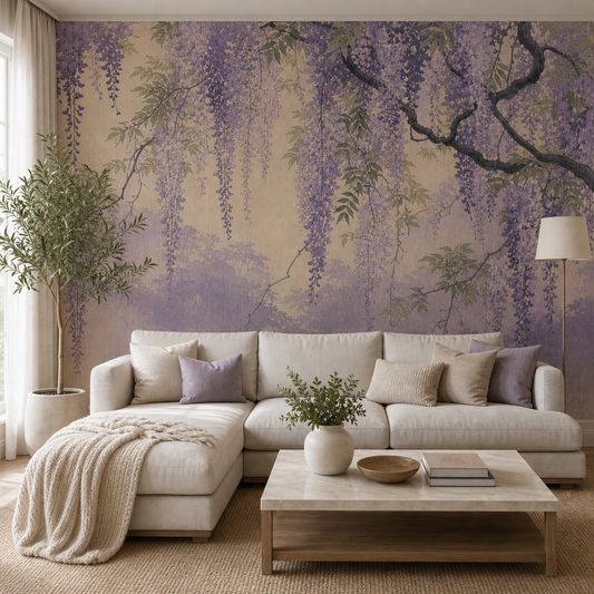 Wisteria Cascade wallpaper in a Dubai living room - Peps Wall