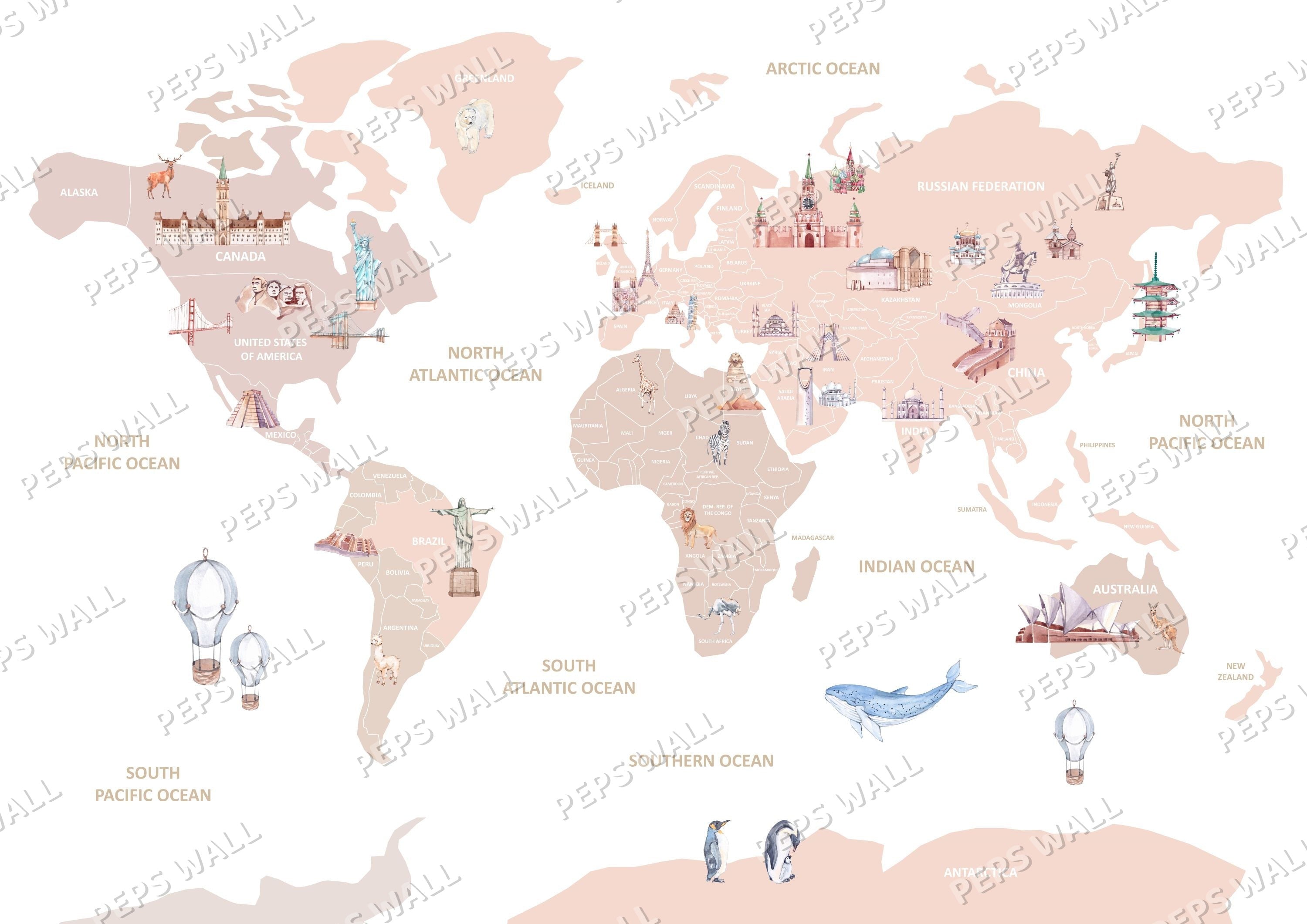 World Map with Landmarks