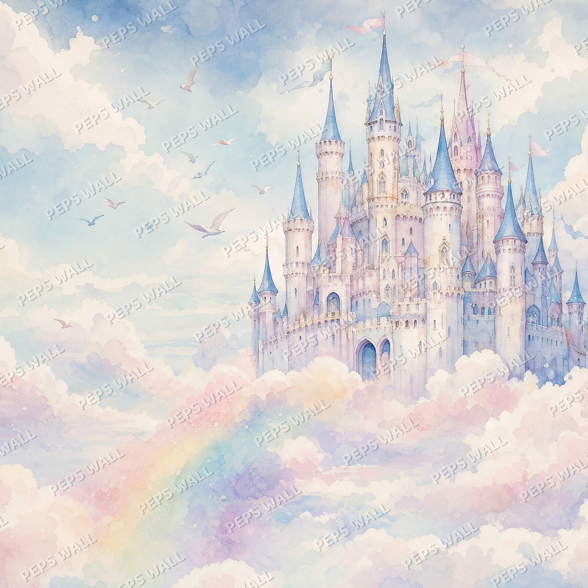 Wonder Castle in the Clouds - Watercolor wallpaper design