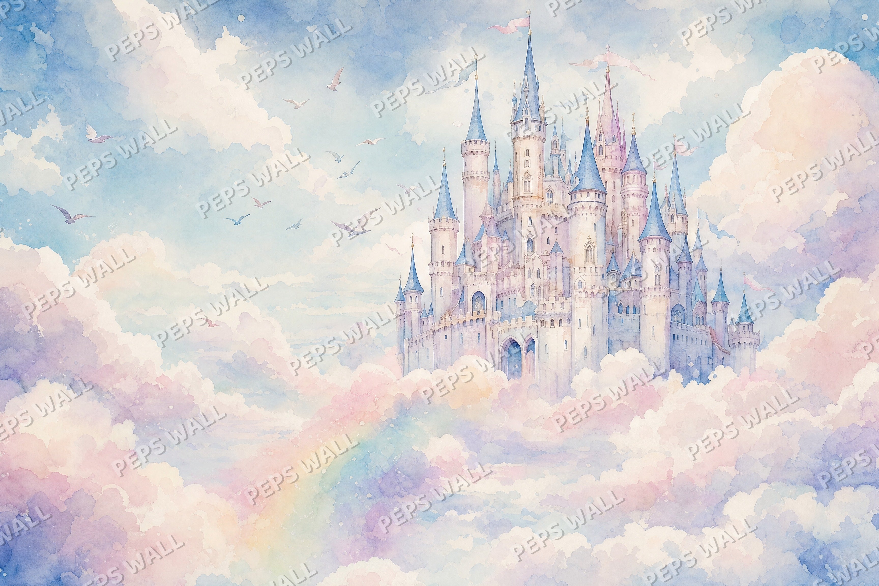 Wonder Castle in the Clouds - Watercolor full wall mural design