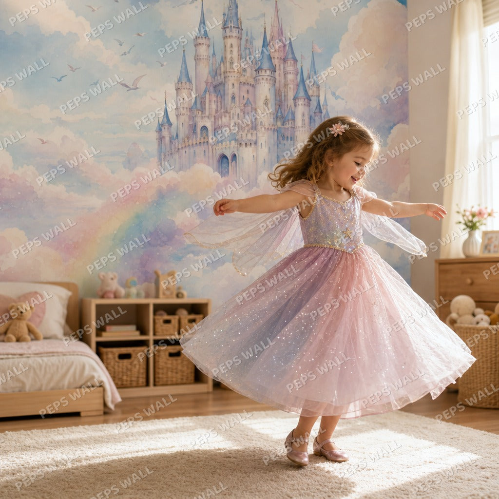Wonder Castle in the Clouds - Watercolor wallpaper mural — kids room mockup