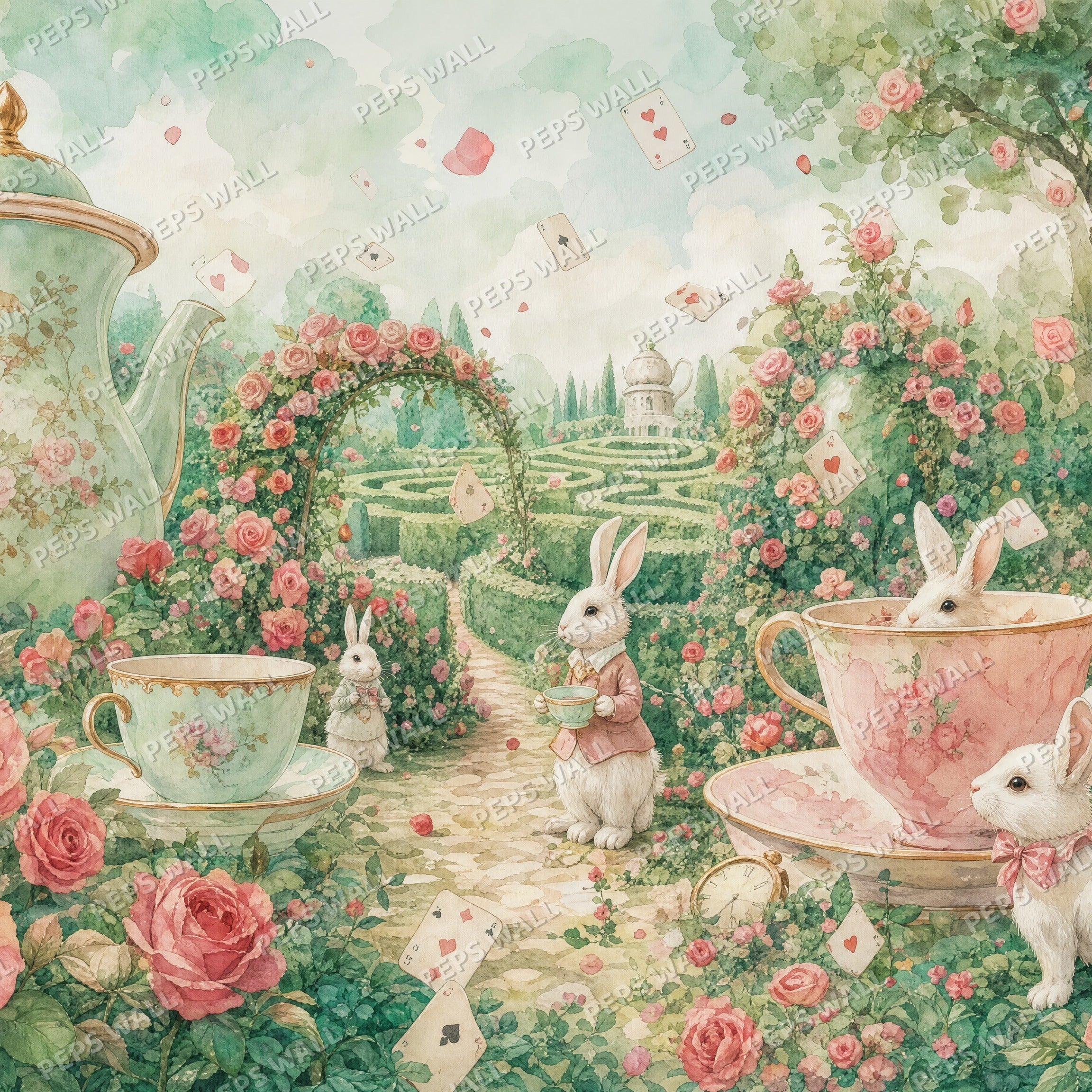 Wonderland Tea Garden - Watercolor wallpaper design