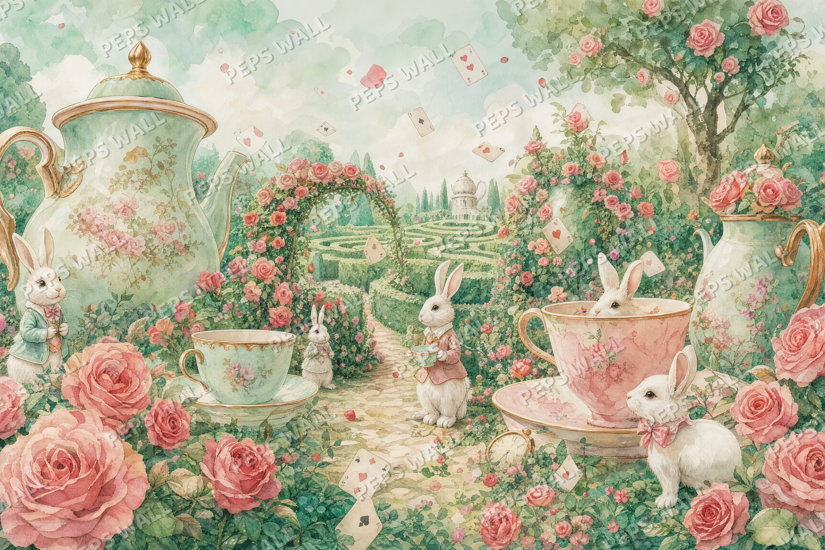 Wonderland Tea Garden - Watercolor full wall mural design