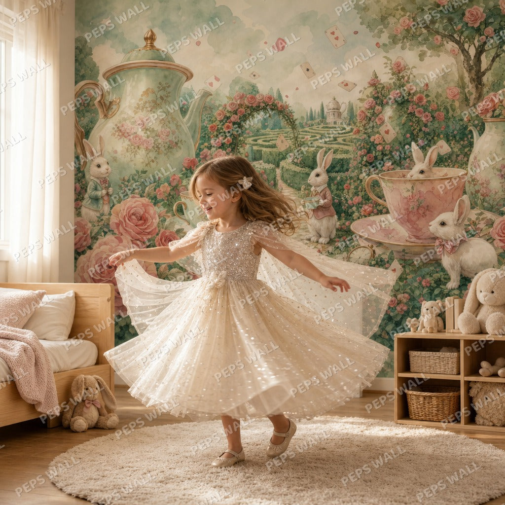 Wonderland Tea Garden - Watercolor wallpaper mural — kids room mockup