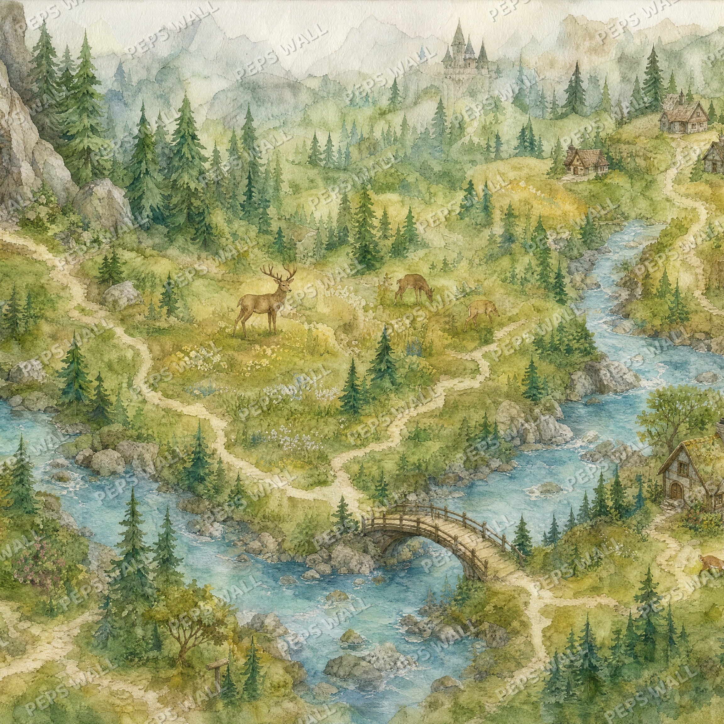 Woodland Explorer Map - Watercolor wallpaper design