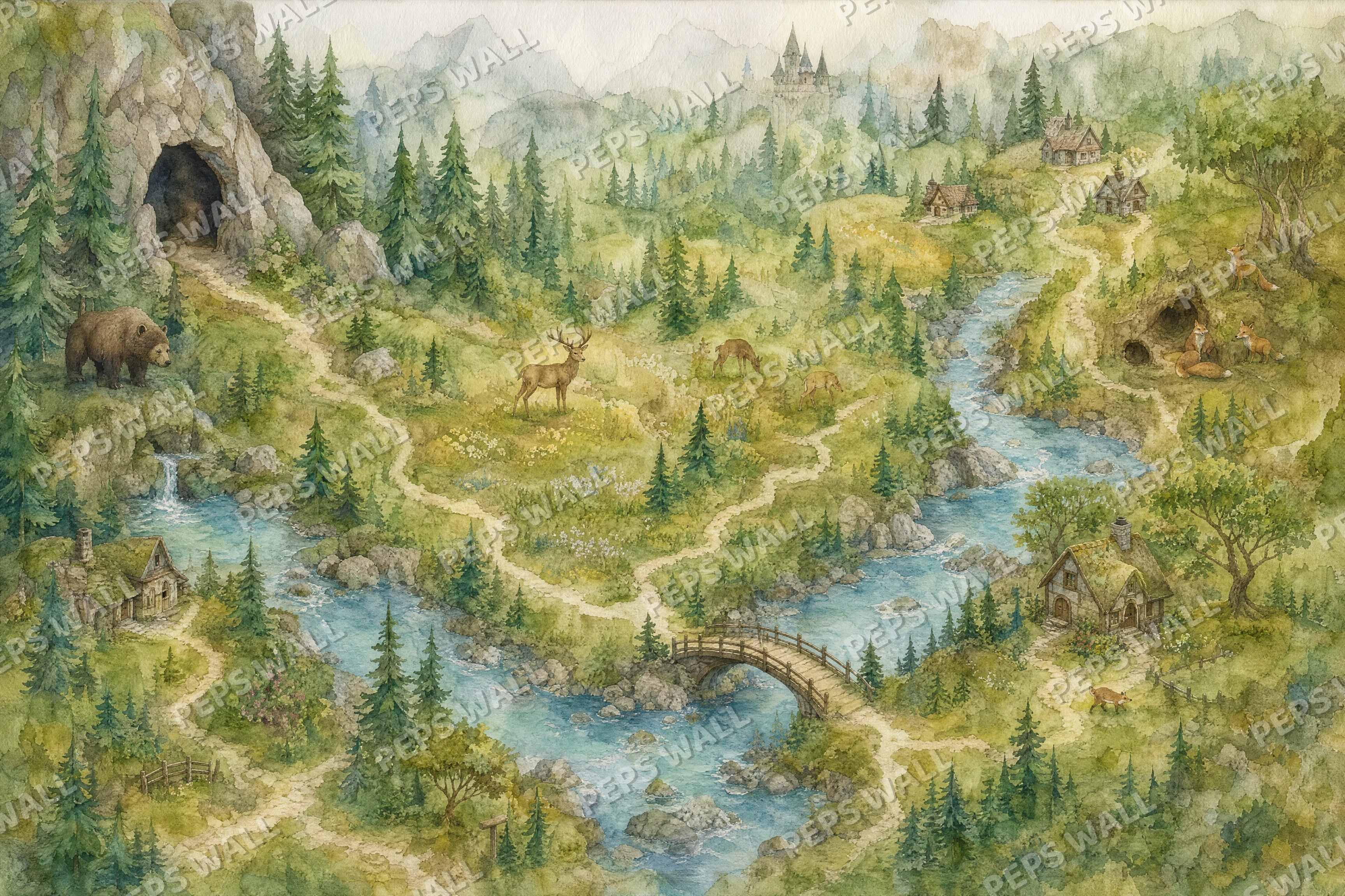 Woodland Explorer Map - Watercolor full wall mural design