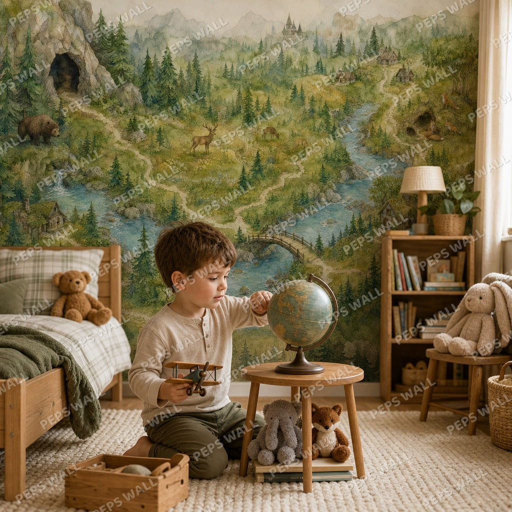 Woodland Explorer Map - Watercolor wallpaper mural — kids room mockup