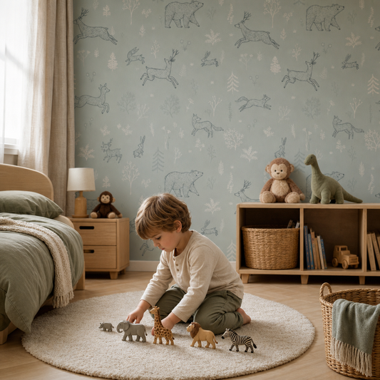 Woodland Wildlife - Blue kids room wallpaper - custom mural printed and installed in Dubai
