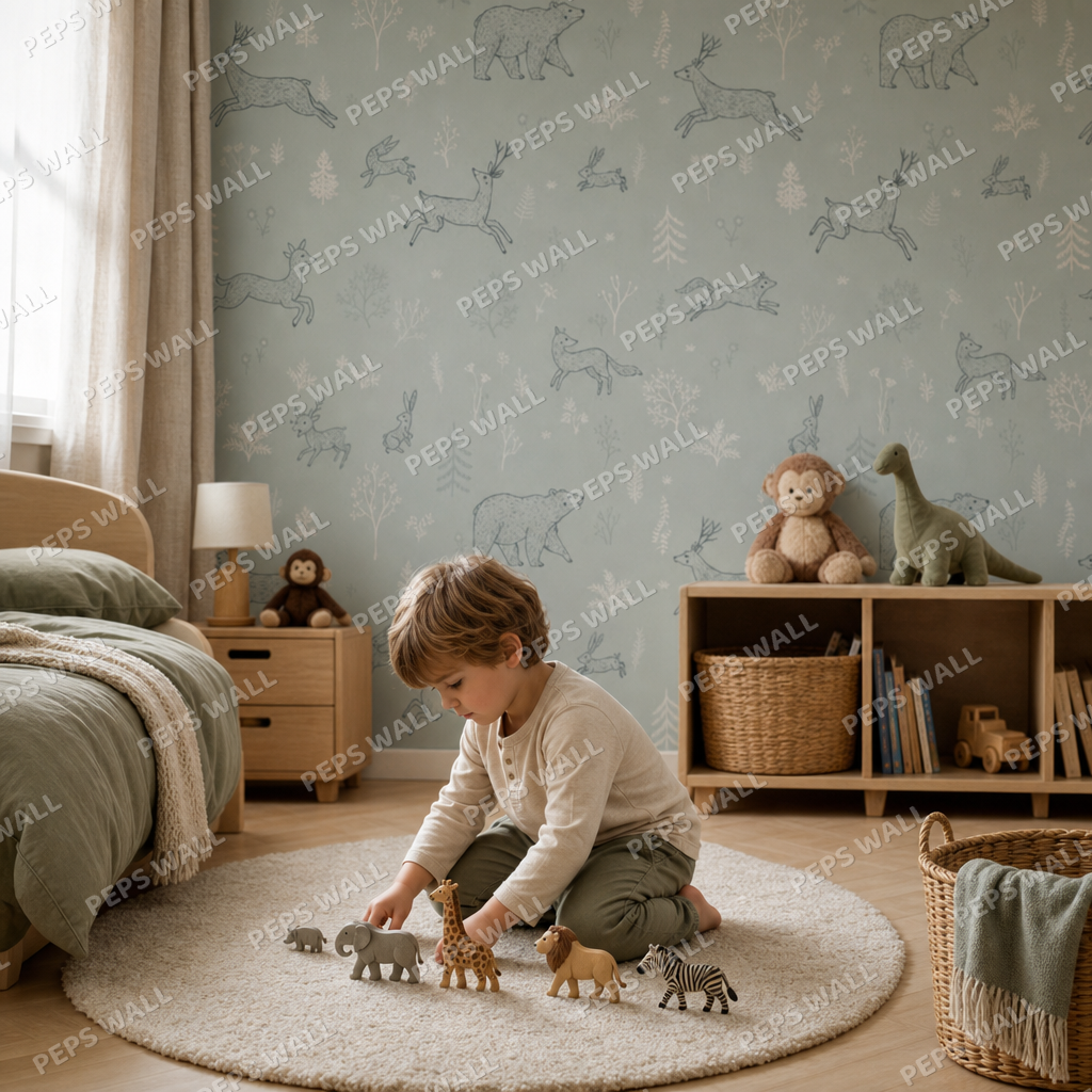 Woodland Wildlife - Blue kids room wallpaper - custom mural printed and installed in Dubai