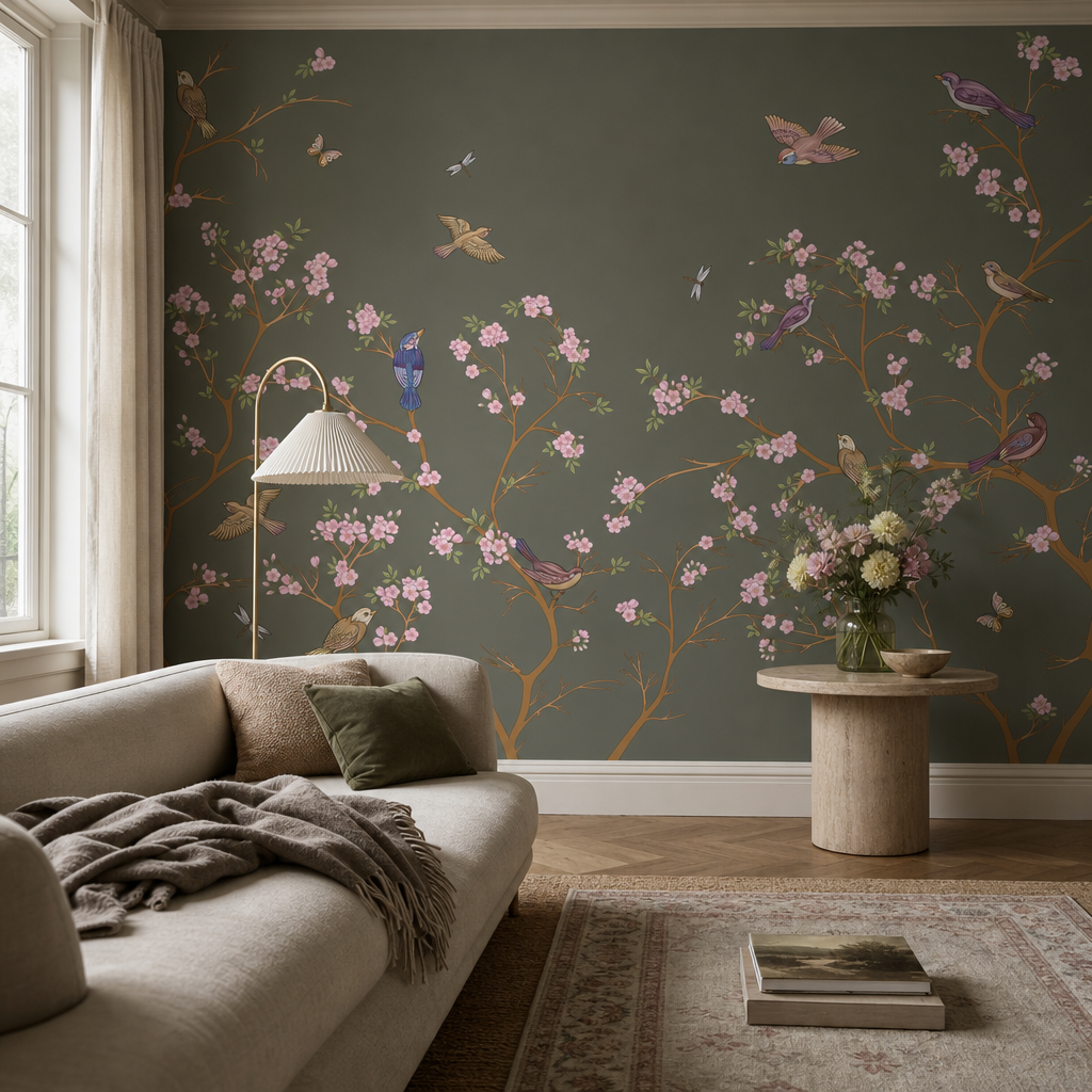 Woodvale living room wallpaper - custom mural printed and installed in Dubai