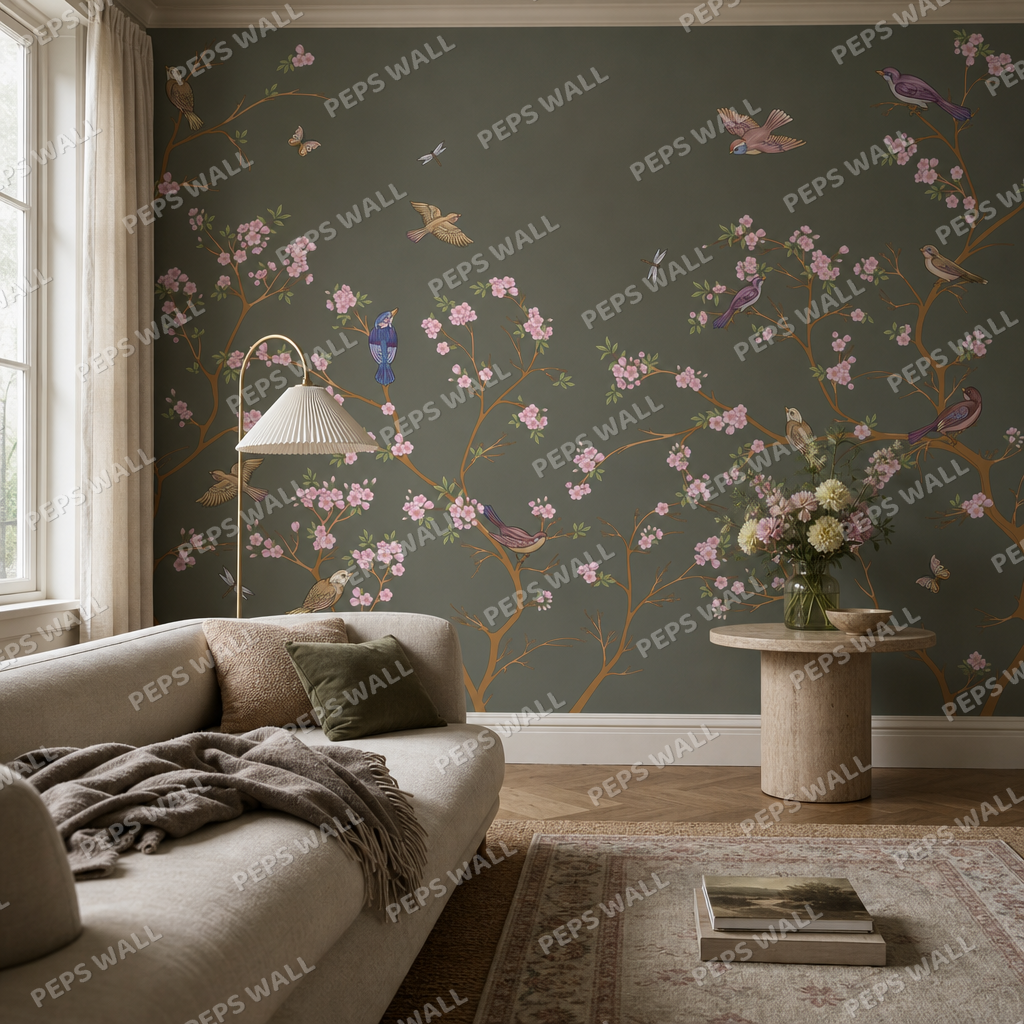Woodvale living room wallpaper - custom mural printed and installed in Dubai