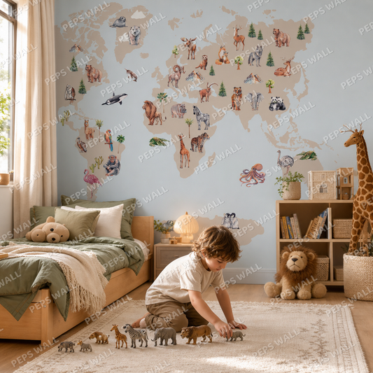 World Map Blue - Realistic Animals kids room wallpaper - custom mural printed and installed in Dubai