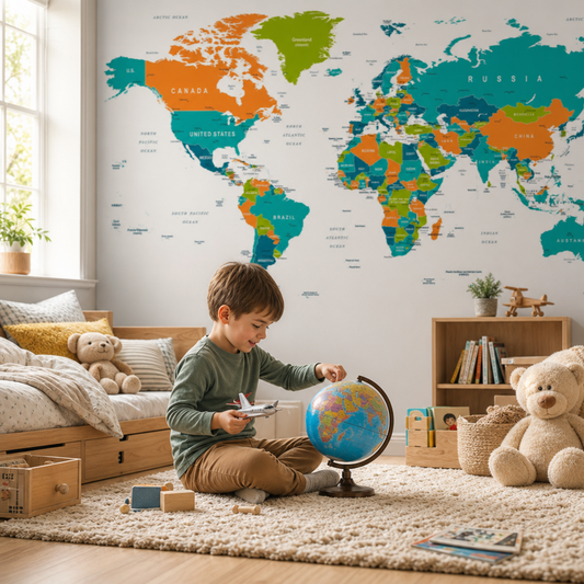 World map - colored kids room wallpaper - custom mural printed and installed in Dubai