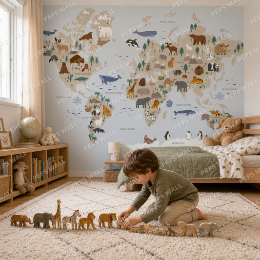 World Map - Watercolor Animals kids room wallpaper - custom mural printed and installed in Dubai